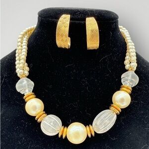 Vintage Etched Gold Half Hoops & Faux Pearl, Clear Lucite and Gold Bead Necklace